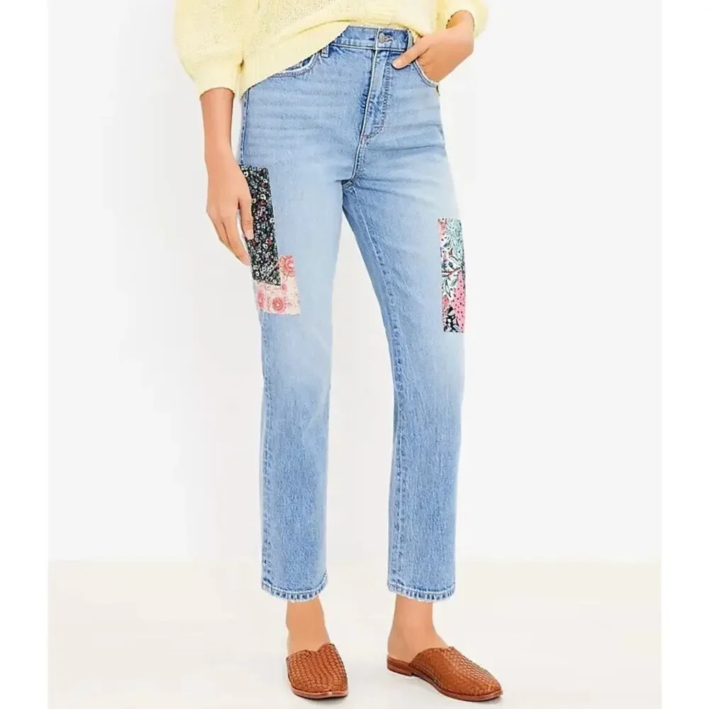 Loft Womens Straight‎ Crop Jeans Size 28 Floral Patchwork High Rise Cottagecore